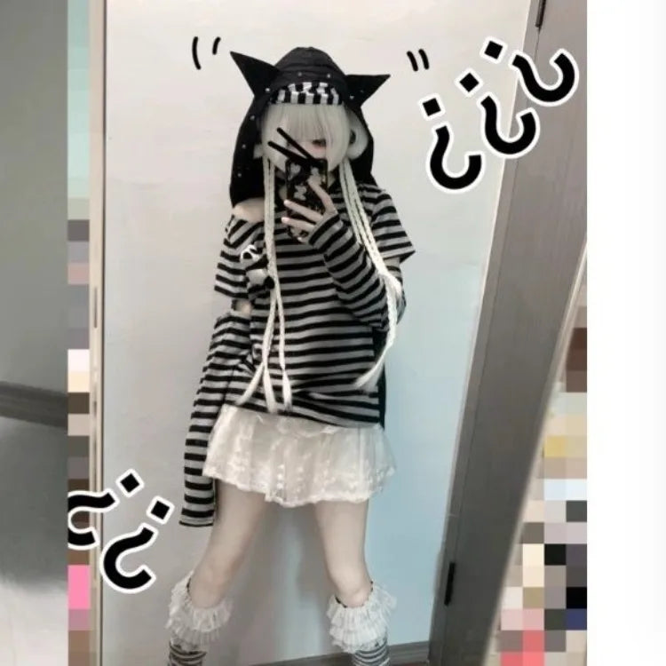 Vintage Striped Patchwork Sleeve T-shirt for Women+ Cute Cat Ear Hooded Sleeveless Jackets Early Autumn New Two Piece Sets