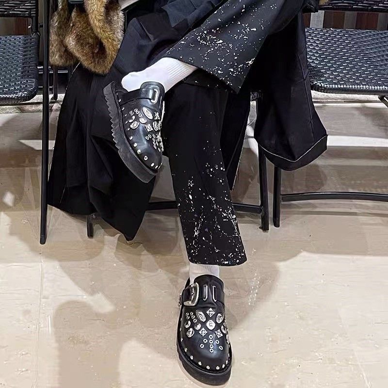 Summer Women Shoes Punk Metal Rivet Charms Black PU Mules Slip On Outdoor Platform Modern Slippers Casual Shoes For Female