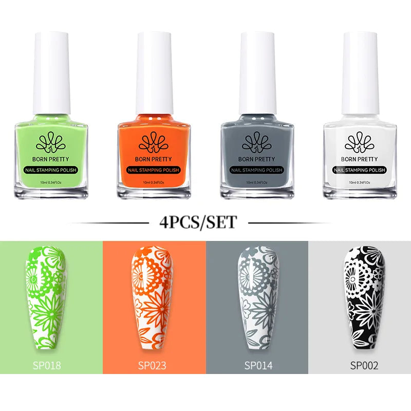 BORN PRETTY 10ml Stamping Nail Polish Set Gold Silver Black White Color Nail Printing Polish DIY for Nail Plate Design Varnish