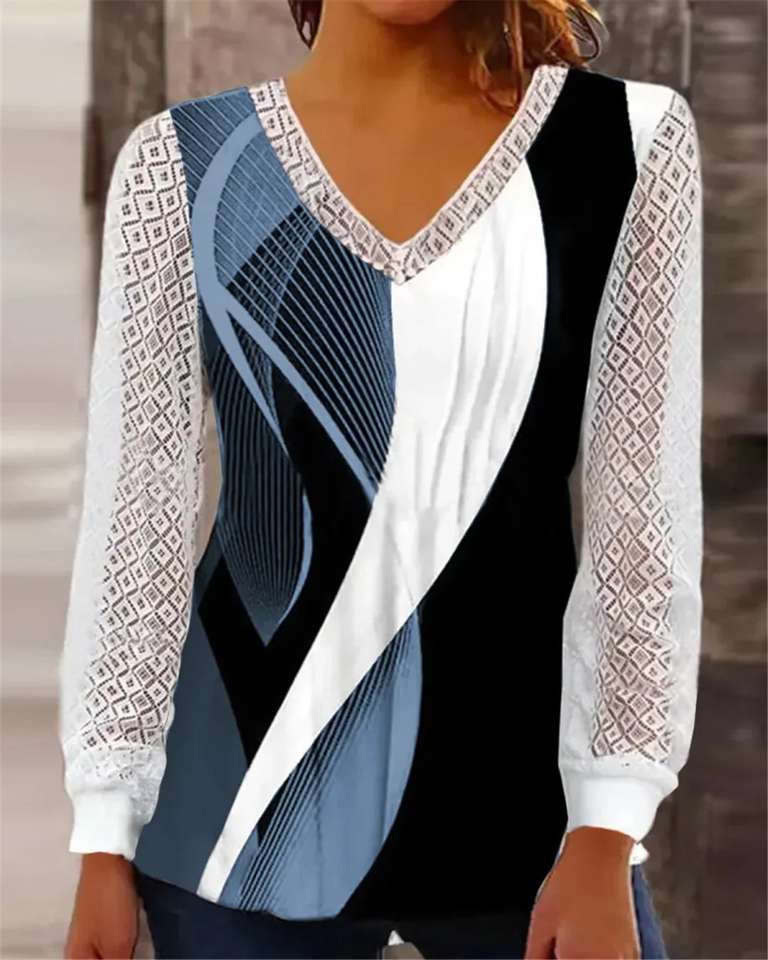 Fall Winter 2024 New V-neck Loose Geometric Pattern Print Fashion Openwork Lace Top Casual Sexy and Elegant Perspective Quilting