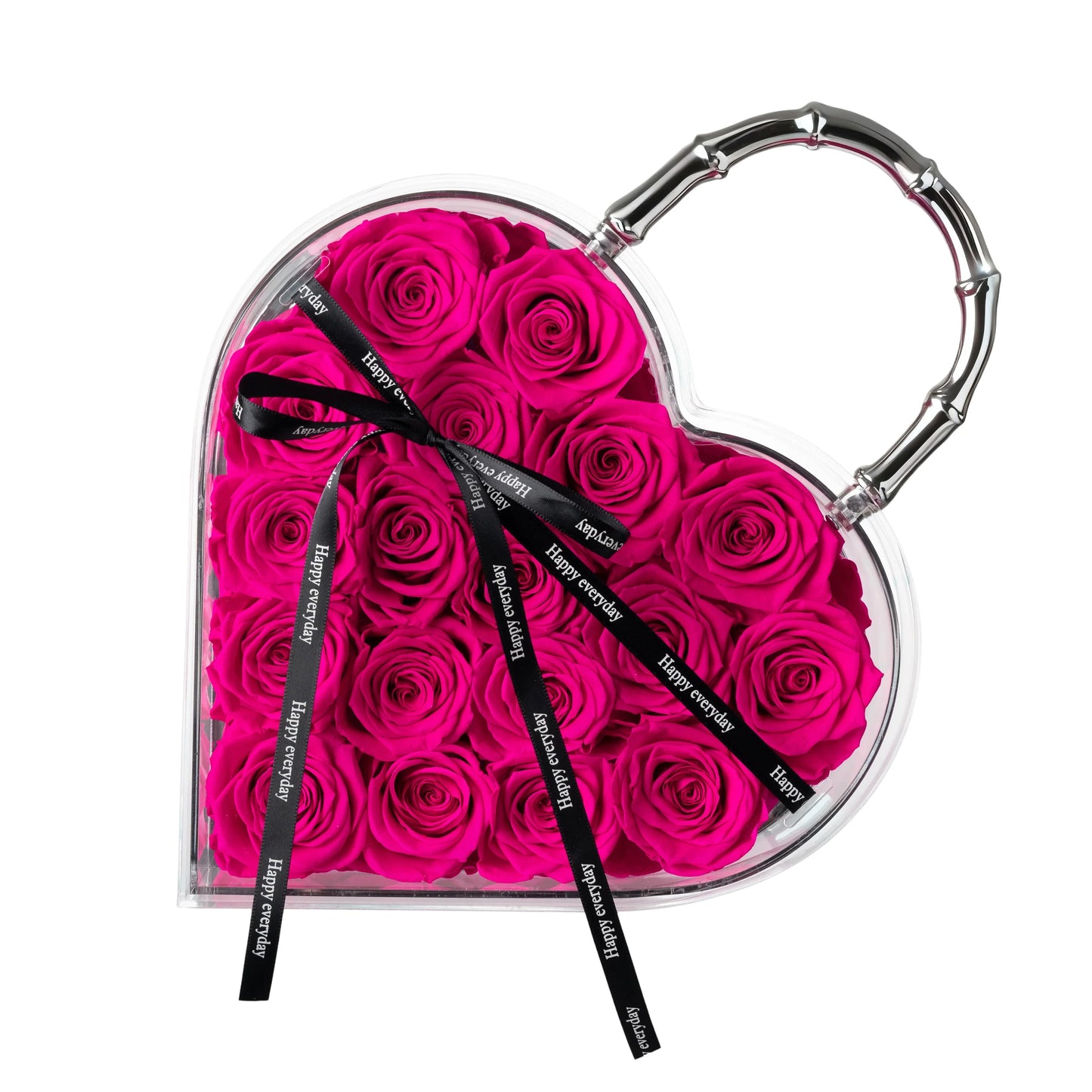 18 Preserved Roses in Heart Acrylic Display Case with Handle, Home Decor & Holiday Gift for Women, Anniversary, Valentine’s Day