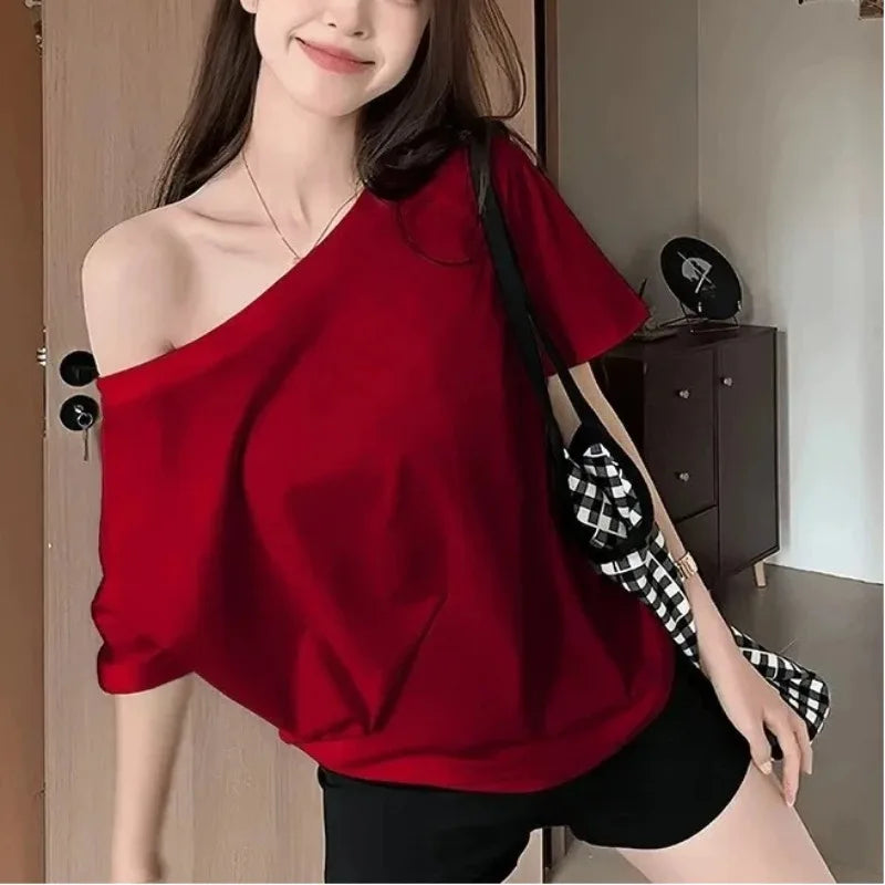 Fashion Loose Ladies Batwing Sleeve Trend Solid Color Off Shoulder Summer New Style Pullover Slash Neck Tshirt Tops Short Sleev