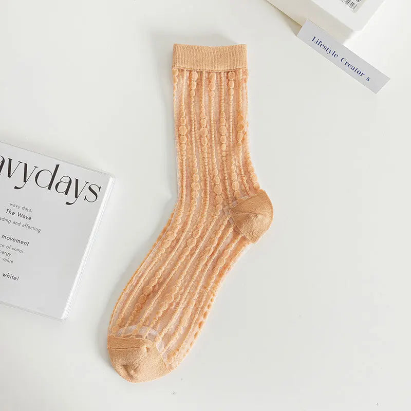 Transparent Crystal Silk Socks Women Fashion Ultra-thin Summer Harajuku Crew Socks Flower Streetwear Elastic Long Mesh Socks