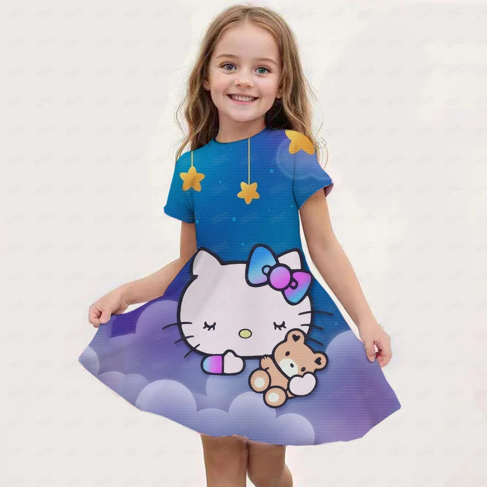 Kids Girls Clothes Kawaii Cartoon 3D Kuromi Printed Adults Party Popular Dresses Summer Short Sleeve Parent-child Clothing Dress