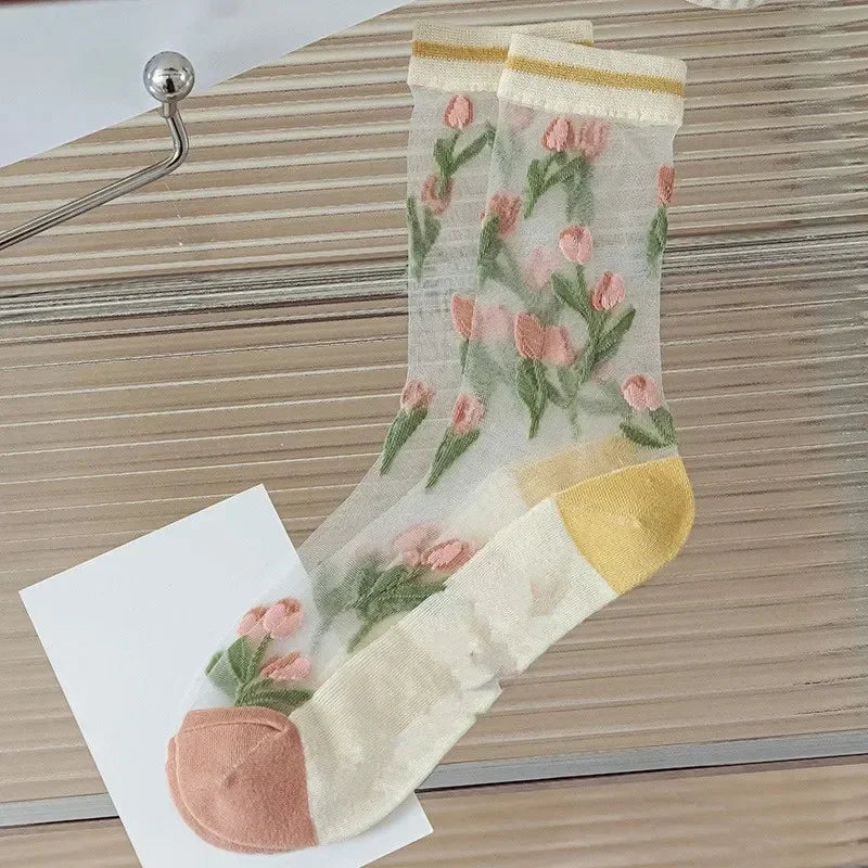Transparent Crystal Silk Socks Women Fashion Ultra-thin Summer Harajuku Crew Socks Flower Streetwear Elastic Long Mesh Socks