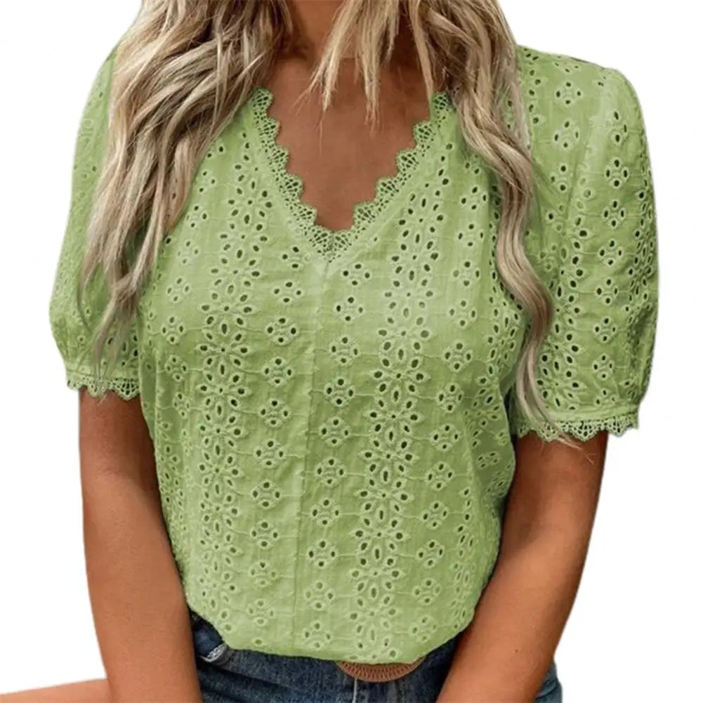 Elegant Women's Casual White Lace Shirt Blouses Office Summer Ruffles Short Sleeve Shirts For Women Hollow Out Simple Top Female