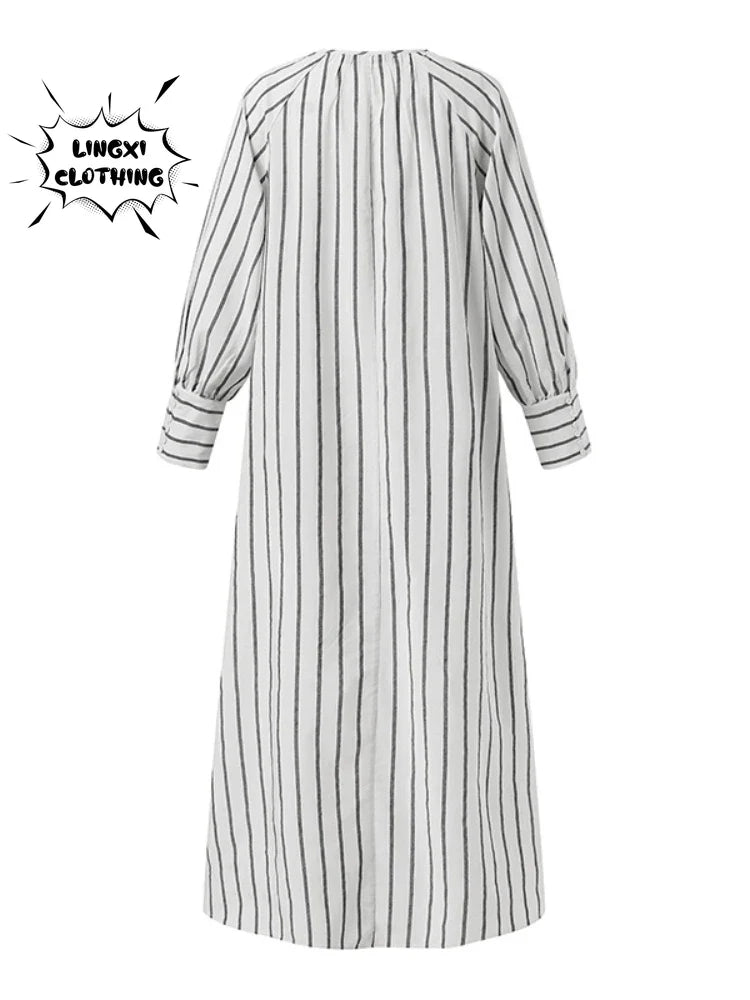 Women's 2023 Cotton Linen Stripe Round Neck Long Sleeve Simple Loose Long Pullover Dress Vintage Elegant Women's Dress Robe