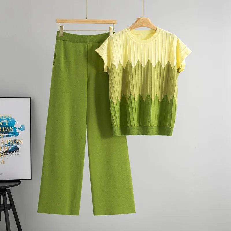 Casual Gradient Summer Knit Pants Sets Women Loungewear 2 Piece Women Set Knitted Tank Top Two Piece Set For Women