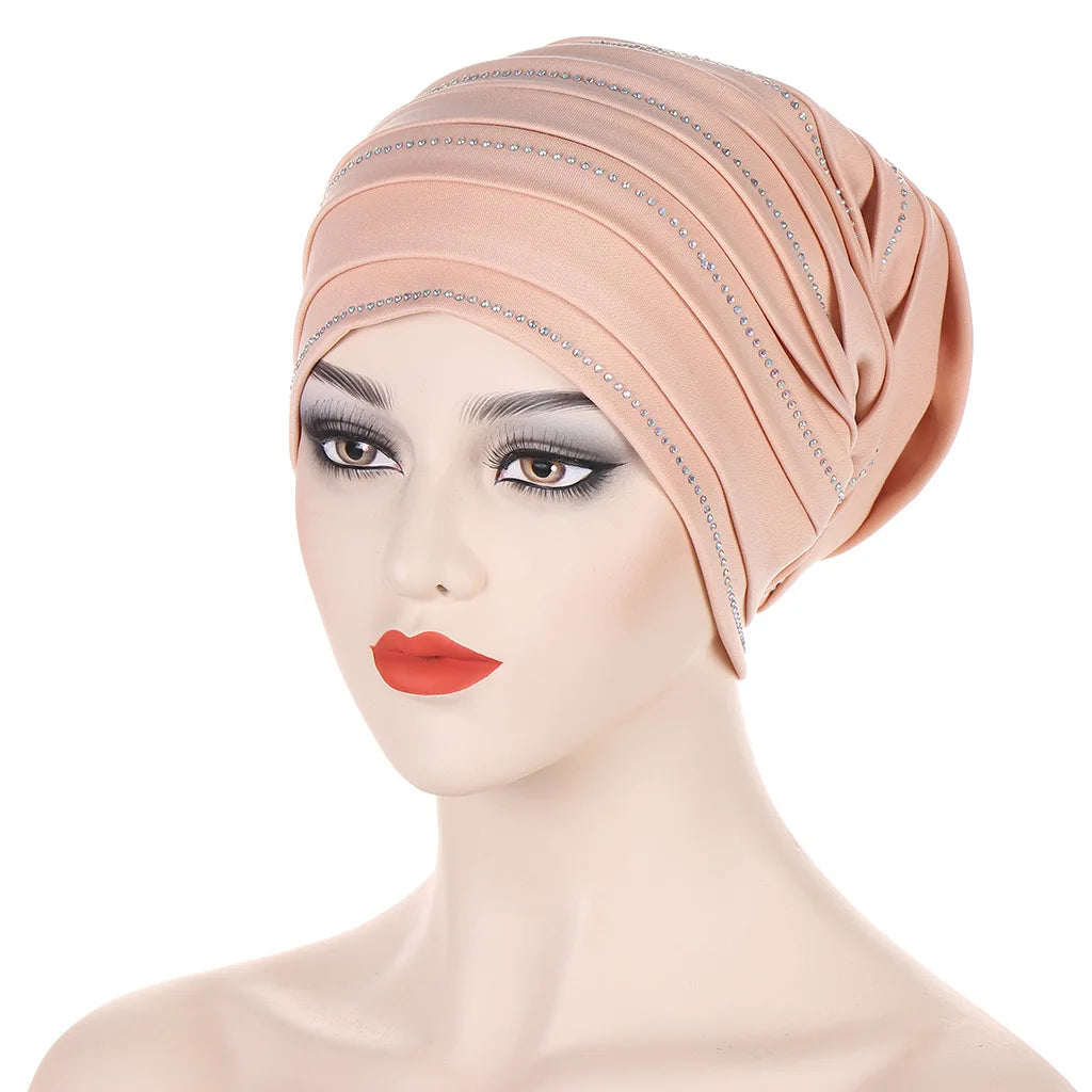 2024 New Rhinestones Women's Pleated Turban Cap Candy Color African Hat Nigeria Geles Muslim Headscarf Bonnet Ladies Head Wraps