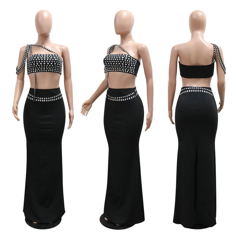 Rhinestone Dress 2 Piece Skirt Sets Elegant Luxury Long Dress 2024 Summer Clothes Sexy Club Outfit Crop Top Two Piece Skirt Sets