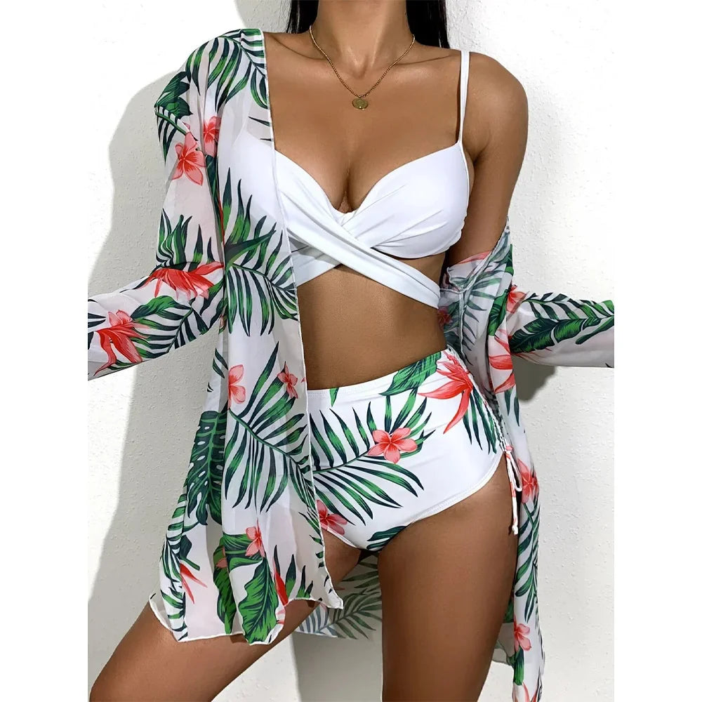 Three Pieces Bikini Set Cover Up Women New Push Up Twist Swimsuit Print Long Sleeve Swimwear Biquini Bathing Suit Summer