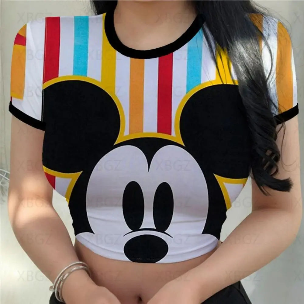T-shirts Slim Fit Y2k Print Woman Clothes Cartoon Fashion Blouses 2024 Sexy Women's T-shirt Mickey Crop Top Minnie Mouse Disney