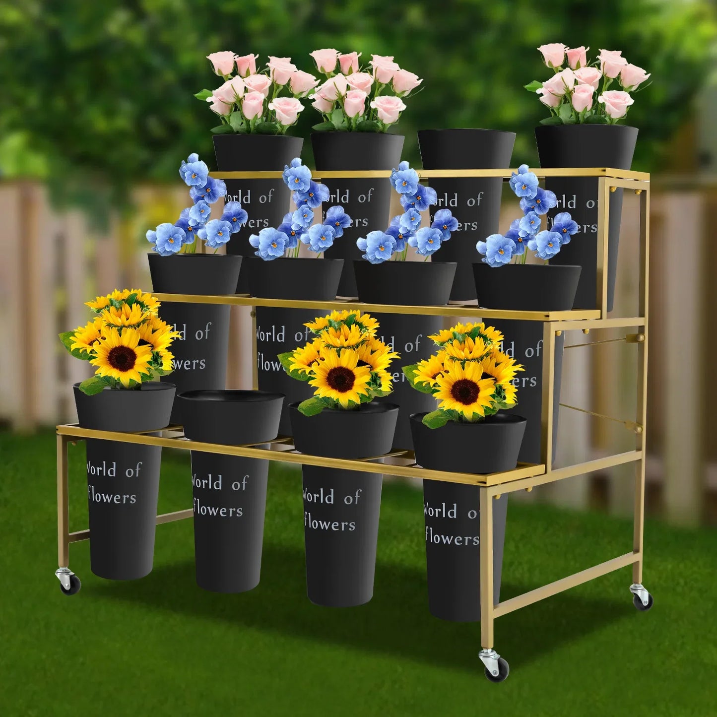 3-Layer Metal Flower Display Stand with 12 Round Buckets, Heavy Duty Rolling Plant Cart with Lockable Wheels, 110lbs Load Bearing Movable Plant Shelf for Indoor Living Room Balcony Florist