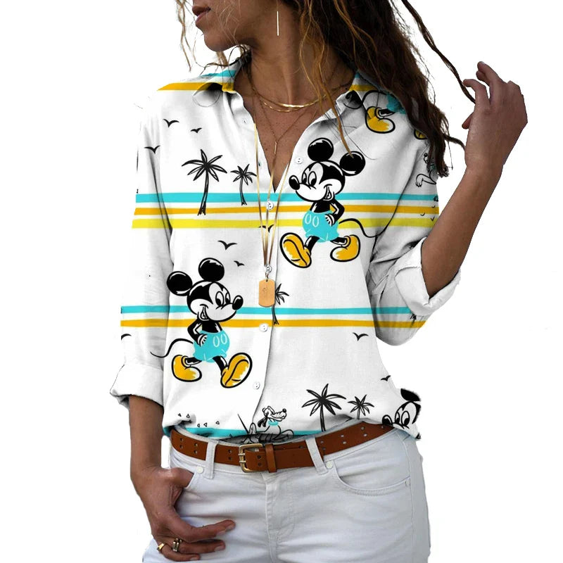 New 2024 Disney Harajuku Slim Fit 3D Print Women's Button Up Long Sleeve Lapel Mickey Minnie Casual Cute Shirt y2k