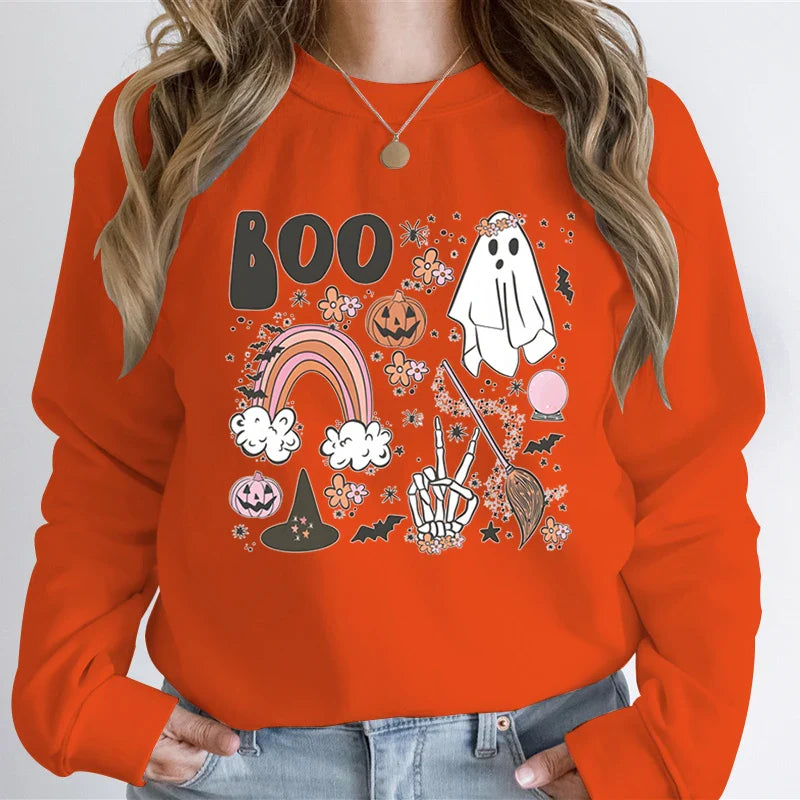 Halloween Ghost Sweatshirt Women Pumpkin Skeleton Hand Graphic Funny Hoodies The Boo Pumpkin Ghost Vintage Halloween Sweatshirt