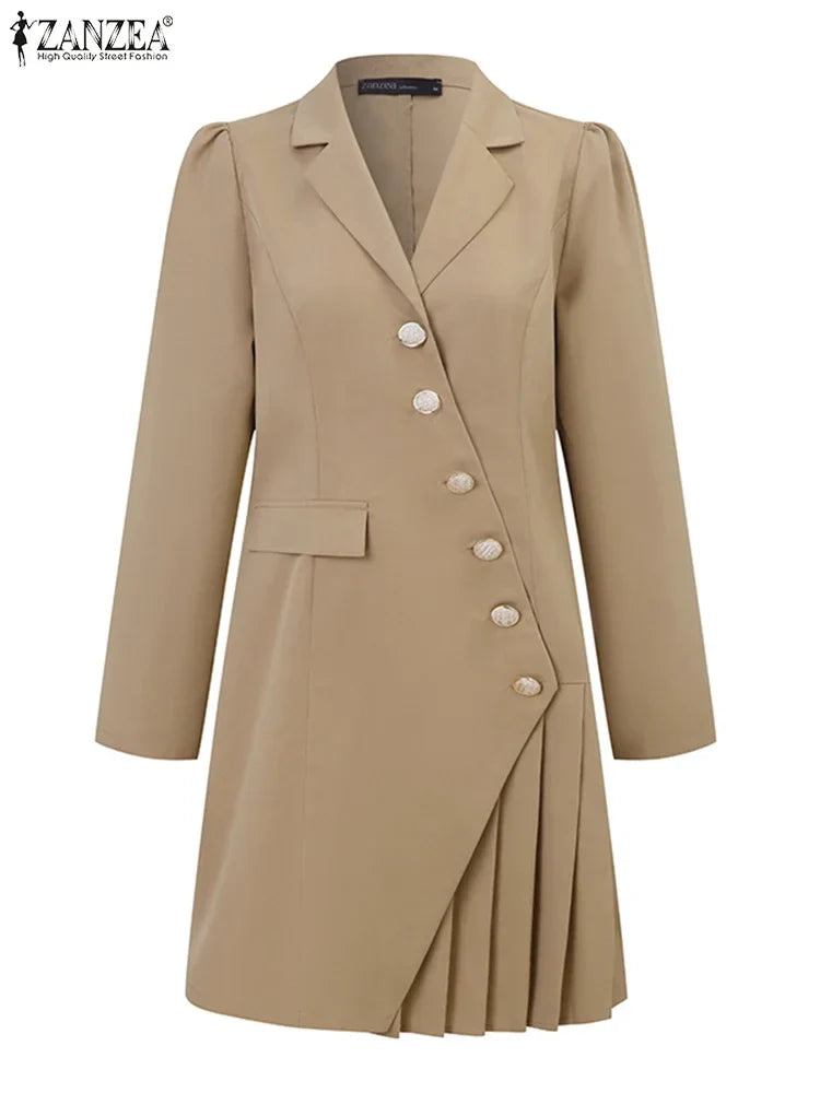 2024 ZANZEA Elegant Women OL Work Blazer Dress Autumn Fashion Casual Lapel Neck Solid Pleated Short Vestido Long Sleeve Sundres