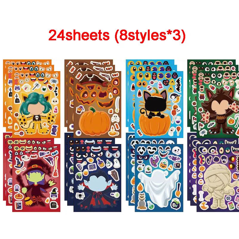 Halloween Party Favors Stickers for Kids 6-24sheets DIY Ghost Witch Mummy Make A Face Stickers Children Toddles Puzzle Jigsaw