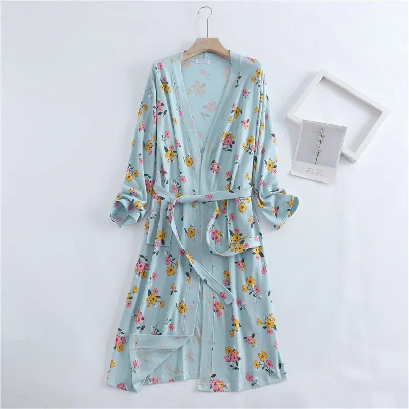 Spring and Autumn Cotton Waffle Kimono Bride Bathrobe and Night Gown Home Wear Women Flower Print Sashes House Robe for Women