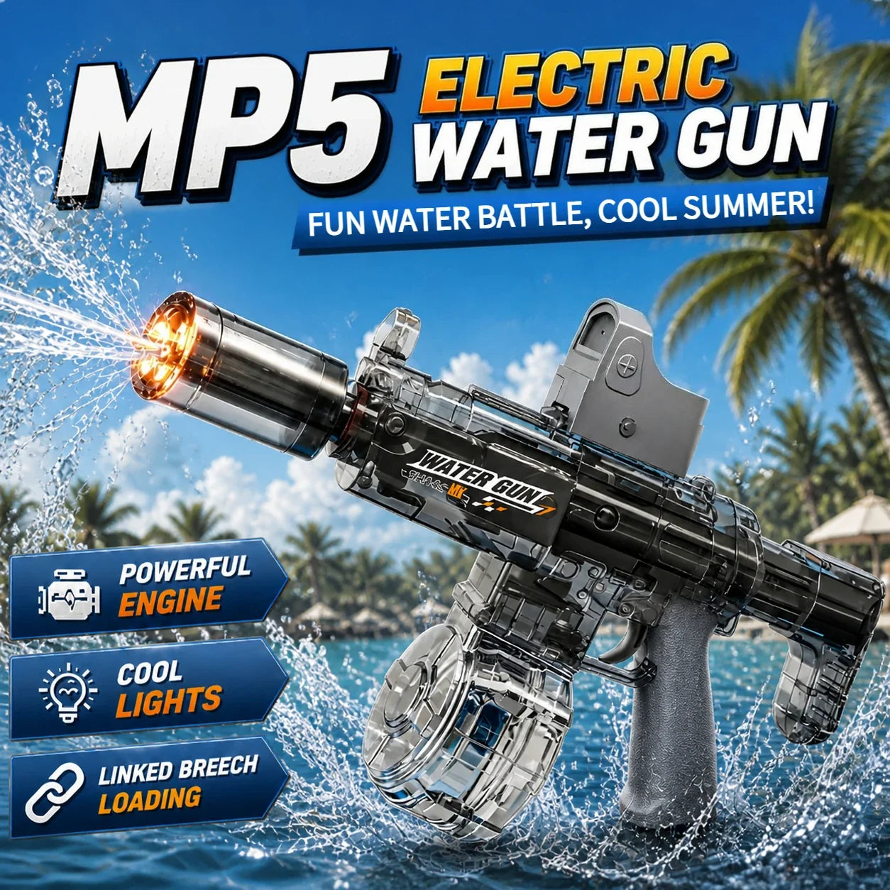 Electric Water Gun Simulation Shooting Water Gun with Recoil Flash Function Summer Outdoor Beach Game Toys Children Adults Gifts