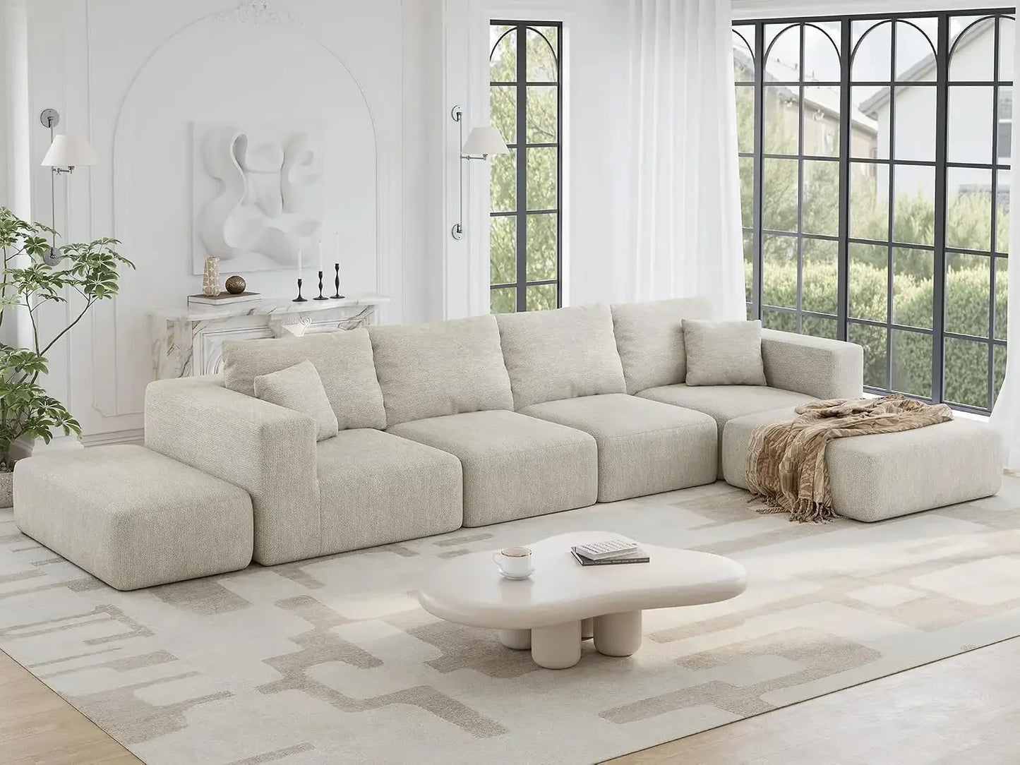 Extra Deep 150 Inch Oversized Modular Sofa Beige Couch Sectional Six Seat