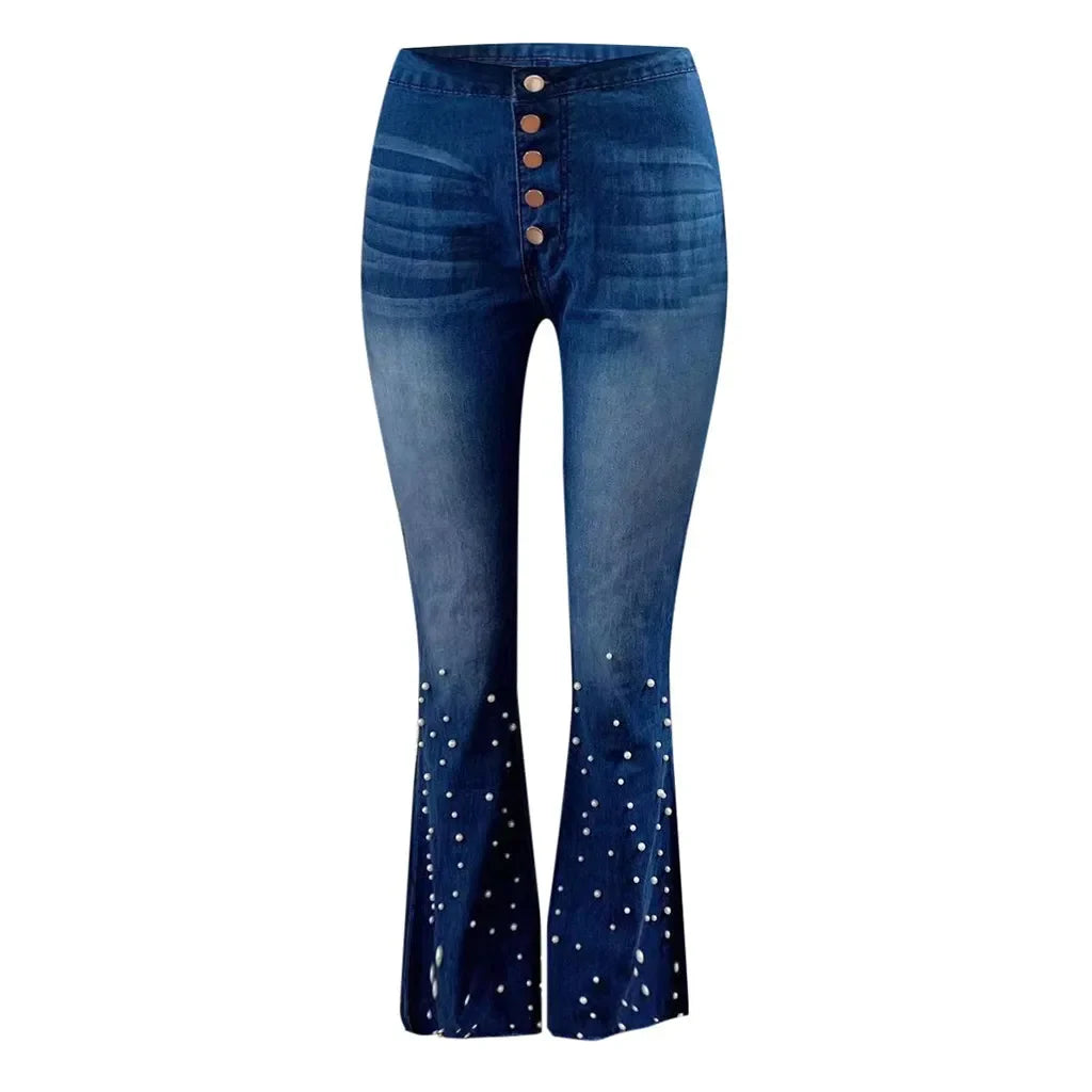 Denim Jeans For Women Plus Size High Waist Jeans Button Tassel Pants Trousers Bell-Bottom Pants Loose Straight Jeans Newjeans