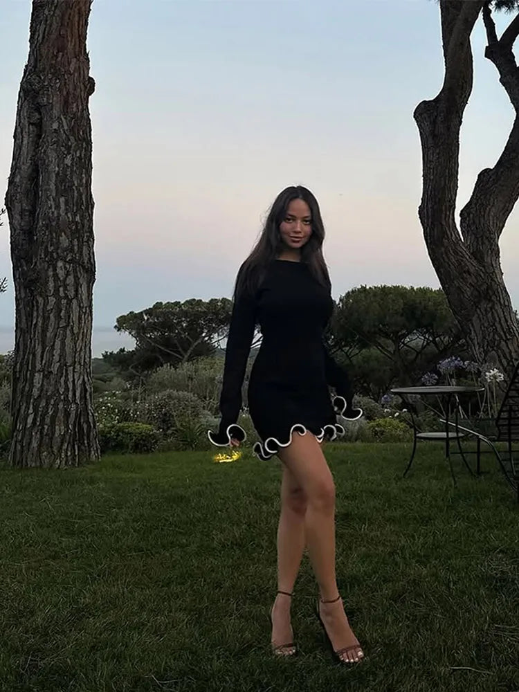 Women Fashion Solid Ruffles Hem Mini Dress Elegant Long Sleeve High Waist Slim Dresses 2025 Summer Vocation Street Vestidos