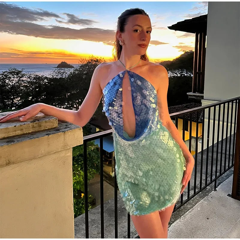 Sequins Halter Hollow Out Dress Women's Sexy Backless Sleeveless Contrast Color  Mini Dresses 2025 Summer New Lady Beach Robes