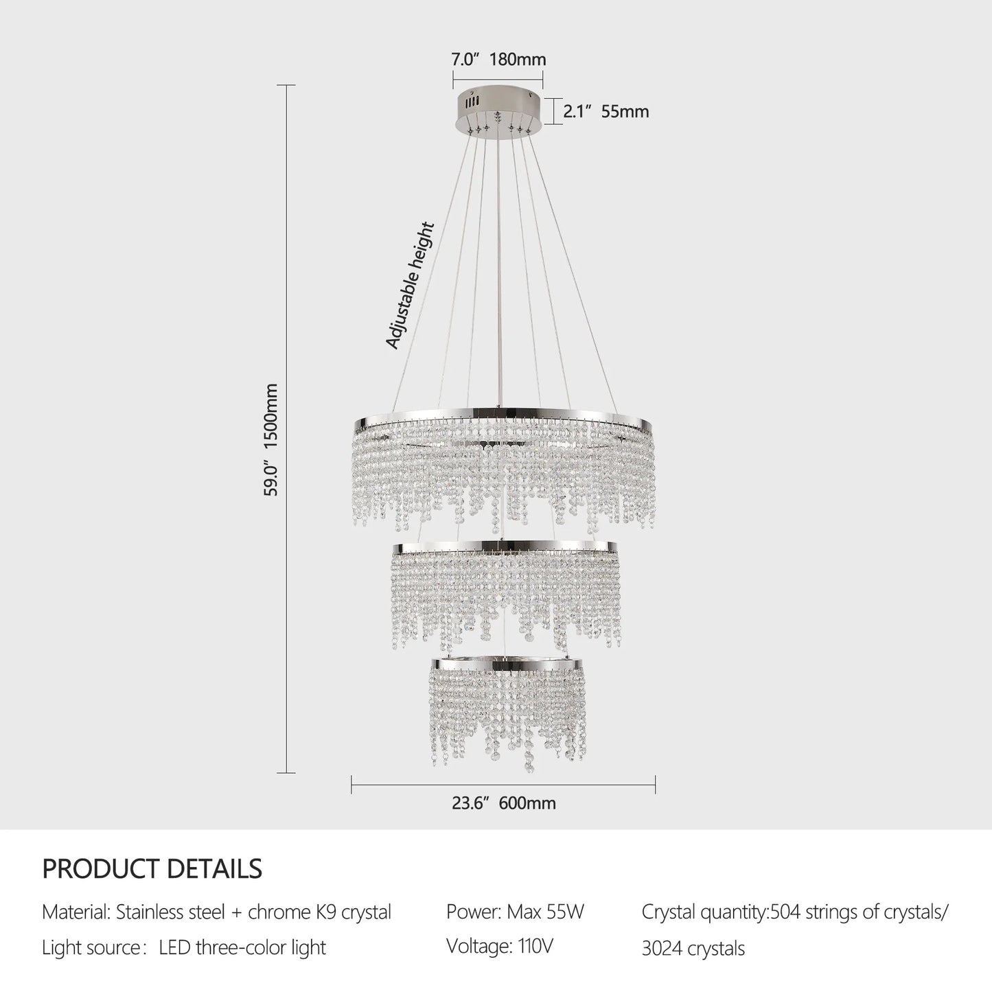 23.6-inch Crystal Chandelier, Dimmable Led Ceiling Lamp, Adjustable Color Temperature 3000K/4000K/6000K, Height Adjustable, Luxury Round Chandelier, Suitable for Living Room, Dining Room, Bedroom.