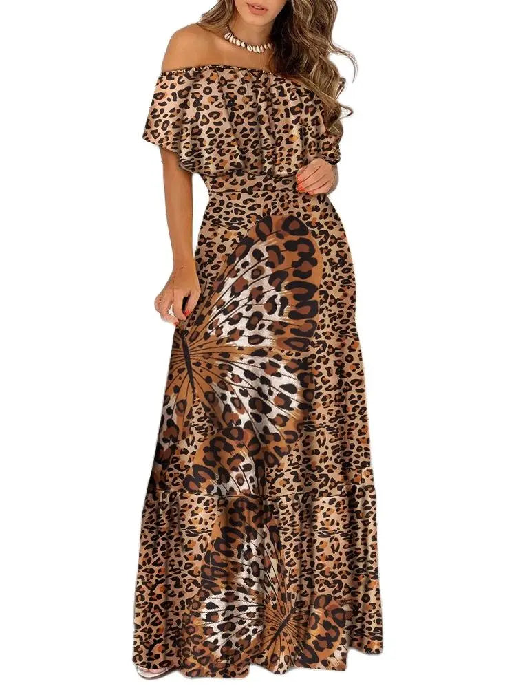 2021 New Fashion Leopard Robe Print Long Dress Ruffle Maxi Sundress Bohemian Women Summer Sexy Casual Elegant Strapless Vestidos