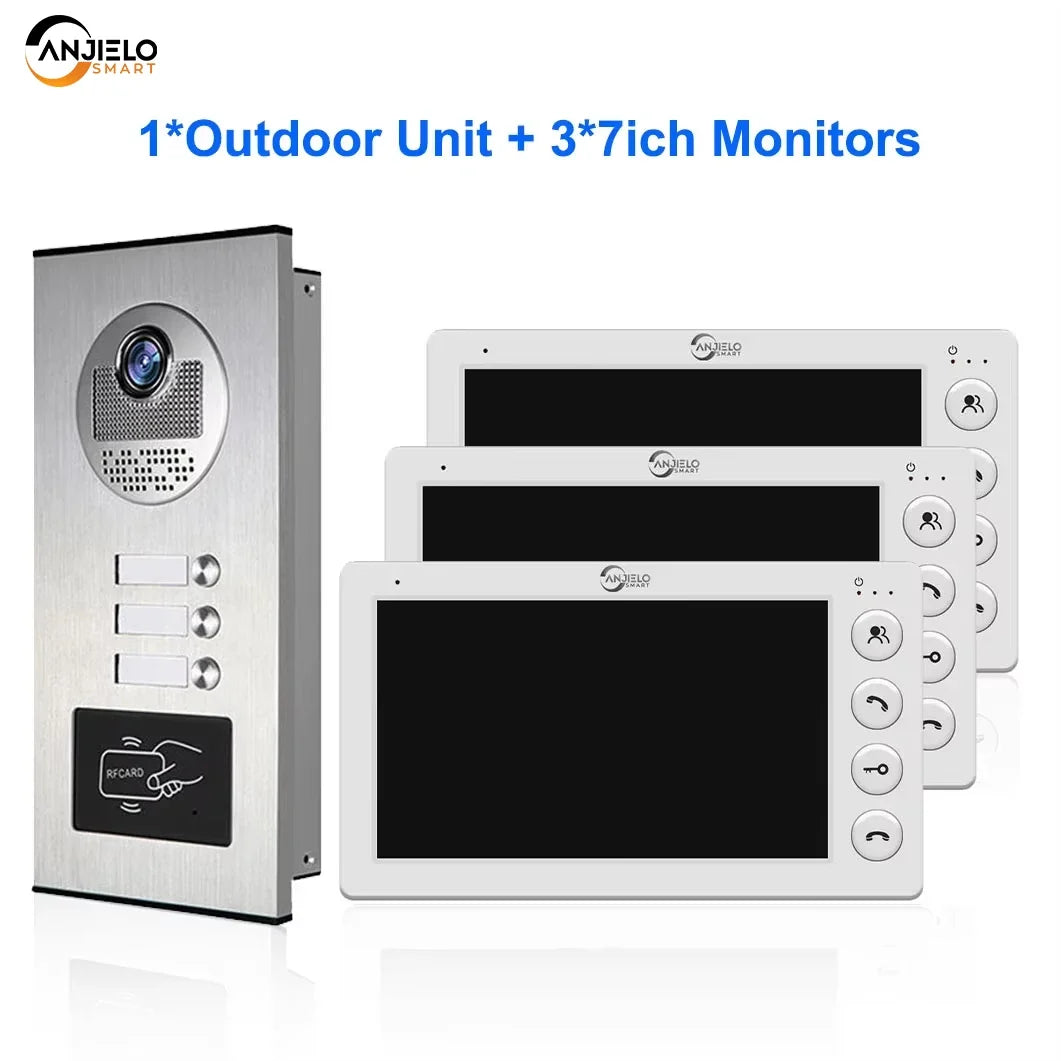 ANJIELO SMART 2/3/4 Unit Multi Apartments Intercom Video Doorbell with RFID Card Unlock 7inch 4Wired Video Door Phone System