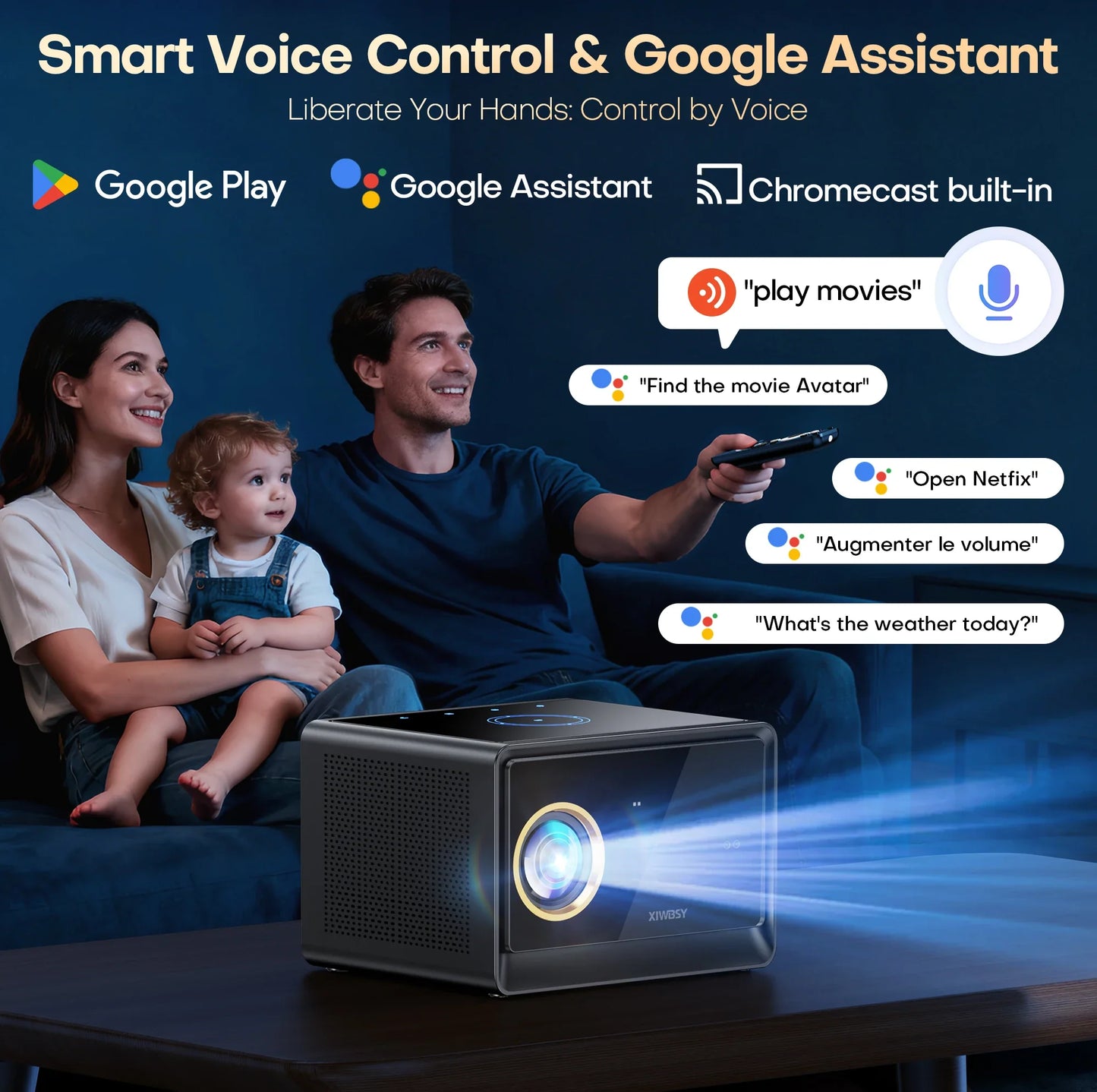 XIWBSY 4000ANSI Google TV Projector 4K Android 14.0 Sealed Optical Projector 52000Lumens WiFi6 Projector Google Voice Assistant