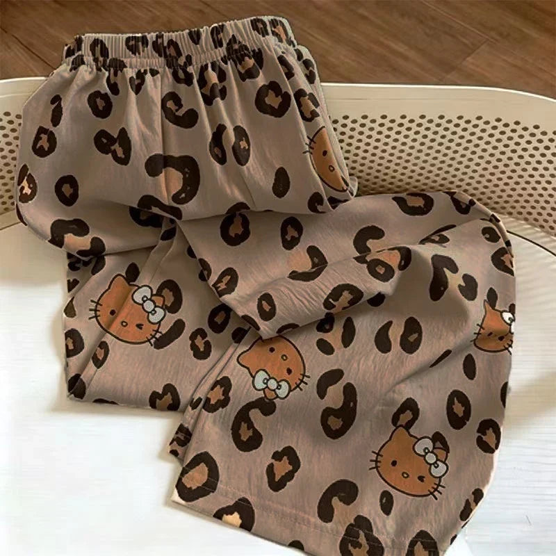 Cartoon Hello Kitty Spring Summer Leopard Print Wide Leg Pajama Pants Soft Casual for Women Loungewear Long Or Short Options