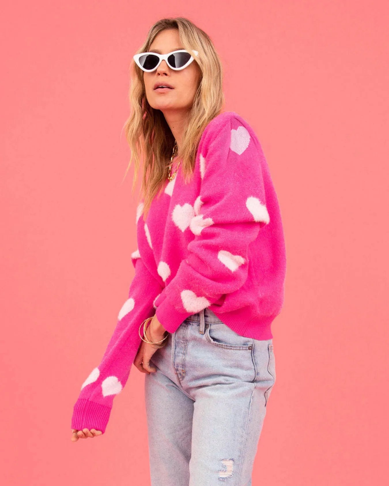 Women's Hot Pink, Oversized Knit Sweater Heart Pattern, Crew Neck Sweater.
