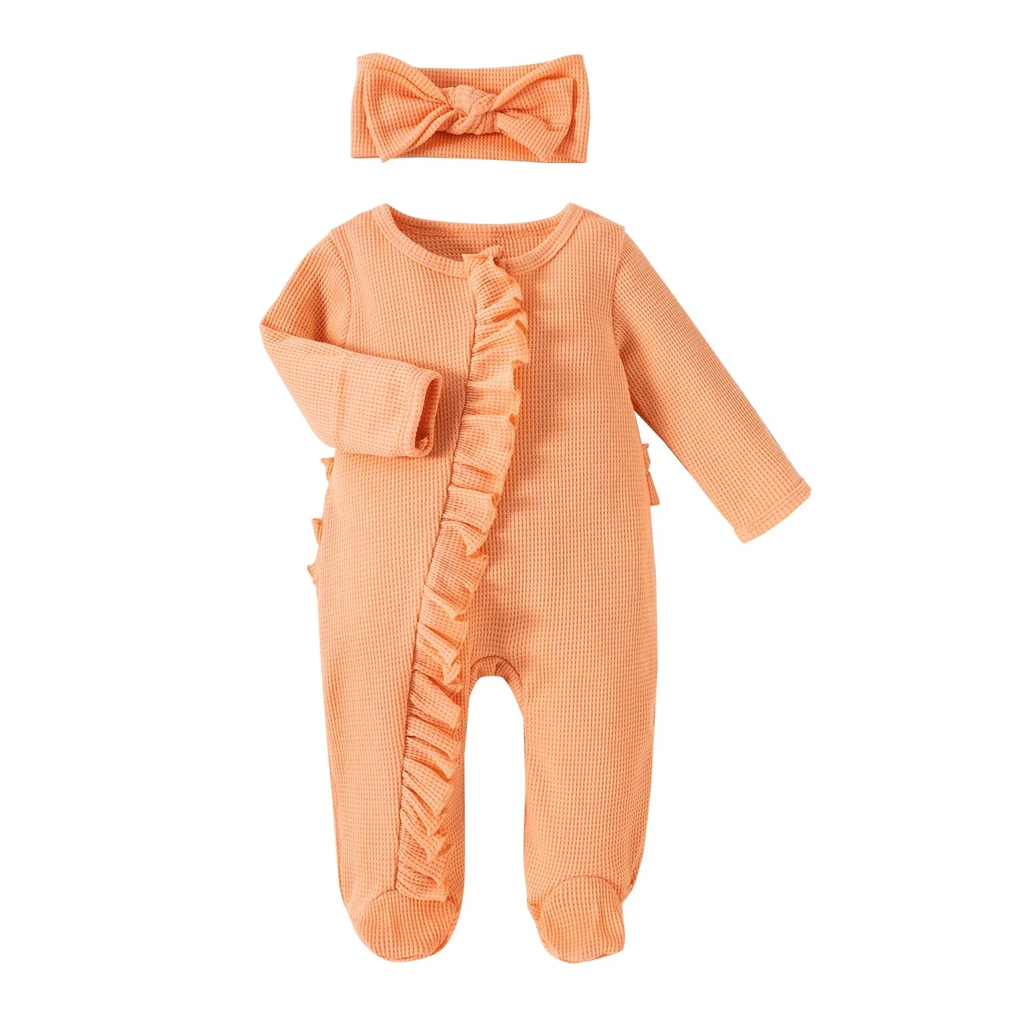 Infant BabyGirl Footies Rompers Solid Color Long Sleeve Jumpsuits Winter Fall Clothes Bodysuits with Headband
