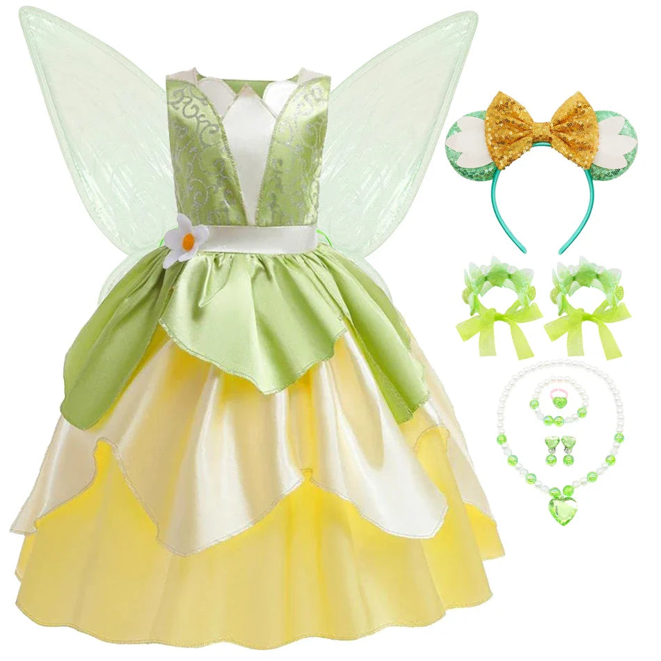 Classic Girls Fairy Tale Tiana Cosplay Costume Elegant Princess Green Party Dress Christmas Summer Sleeveless Princess and Frog