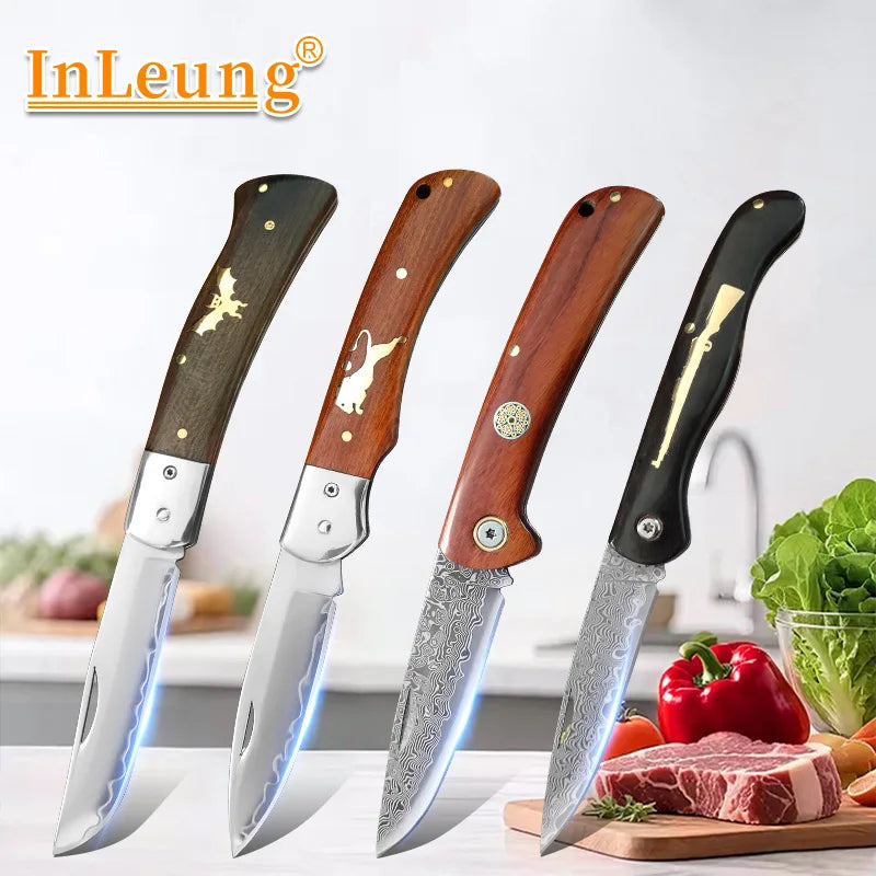 Super Sharp Damascus VG10 Steel Pocket Knife Folding Blade Wooden Handle Kitchen Fruit Meat Vegetable Cutting Knife Holiday Gift