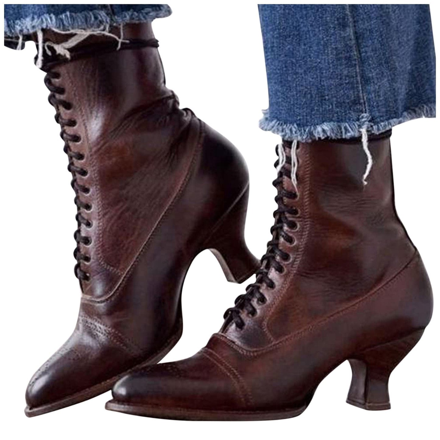 Gothic Women's Boots Toe Heel Ankle Lace Up Pointed toe Boots High Vintage Stretch Cross Tied Shoes zapatos para mujeres