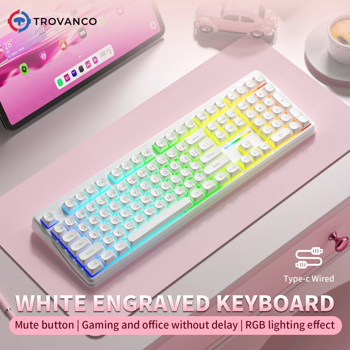 V108 Bluetooth Keyboard  Office Low Noise 2.4G Wired&Wireless Full Layout with RGB Backlit Membrane