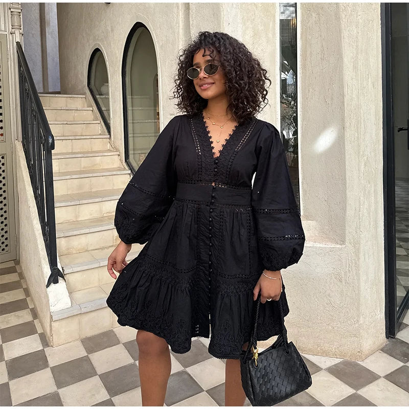 Elegant Lace Hollow Out Women's Long Dress Solid V-neck Patchwork Puff Sleeve Bodycon Dressess Female 2025 Spring New Lady Robes