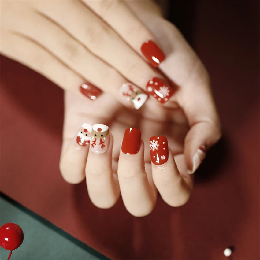 24Pcs/Set American Almond Christmas Wearing False Nails Full Coverage Press on Nails Removable Adhesive Acrylic Fake Nails Tips