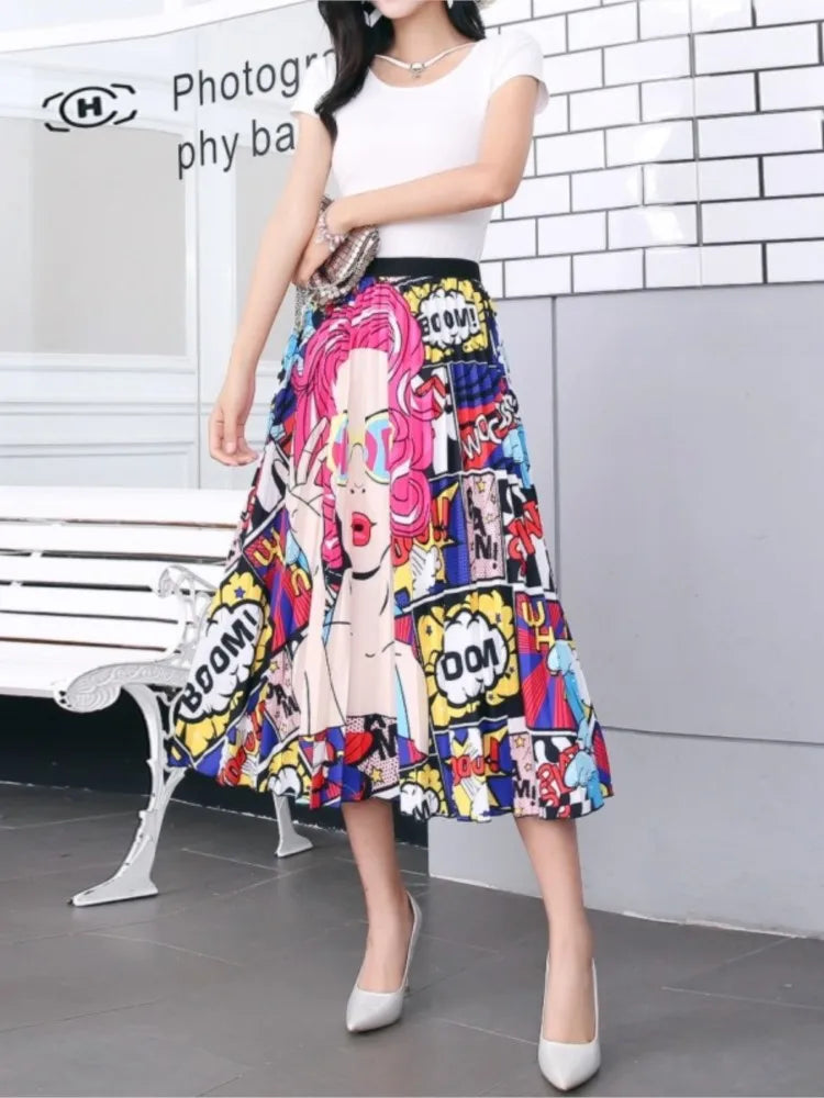 2023 Summer Women Cartoon Print Pleated Skirts A Line High Waisted Elastic Midi Long Skirt Ladies Party Korean Style Dresses