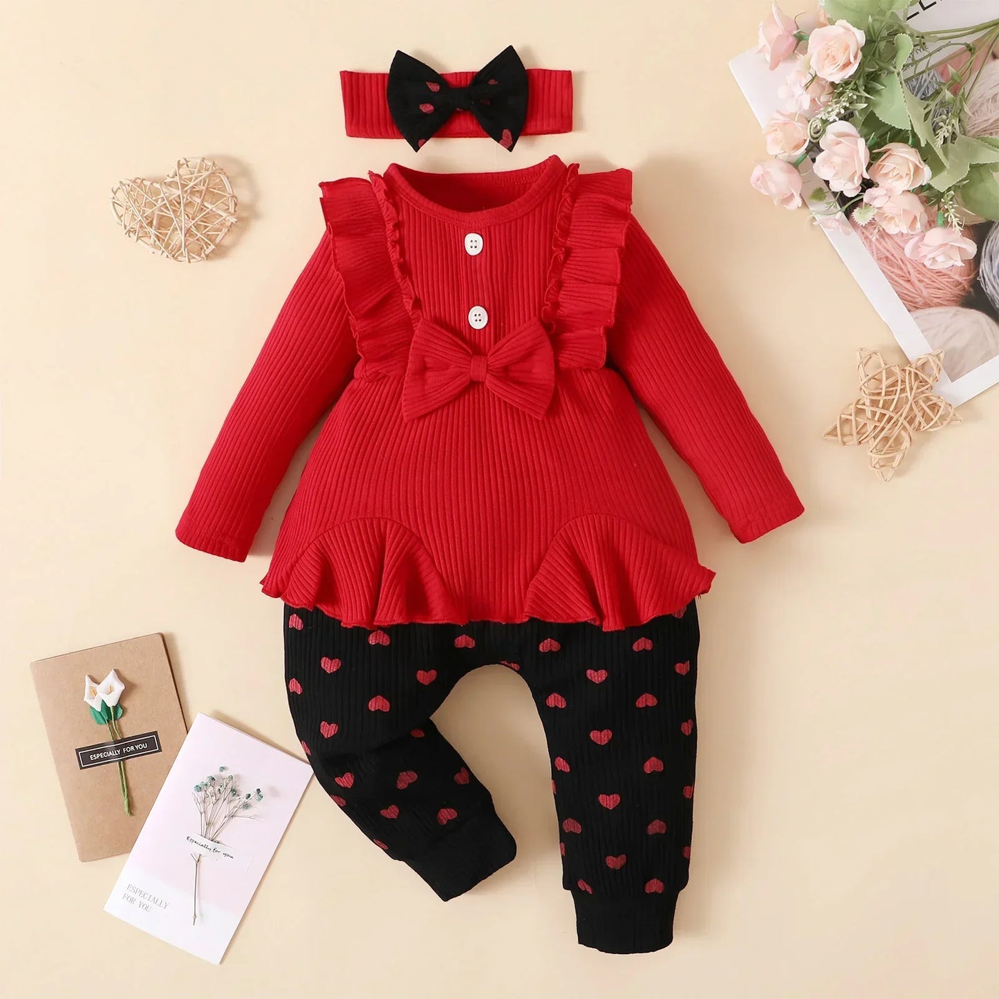 3Pcs Newborn Girl Clothes Ruffle Button Romper + Floral Print Pants Baby Girl Clothes Set Infant Kids Clothing Fall Baby Outfits