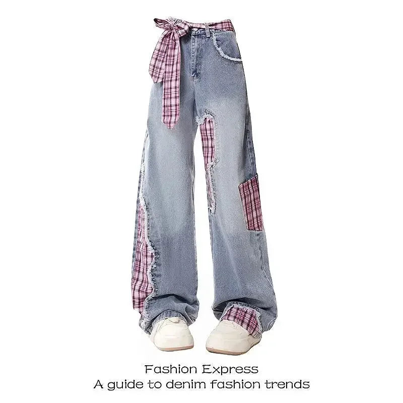 Retro Black Bow Tie Strap Patchwork Jeans Checkered Sweet Women Trouse High Waisted Loose Wide Leg Casual Y2K Denim Pants