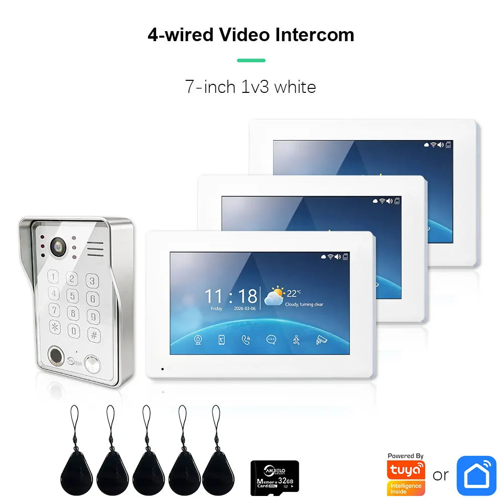 ANJIELO Fingerprint 5in1 Unlock Doorbell Video Intercom Touch Screen Video Doorphone 1080P Tuya Security Protection 3 Monitor