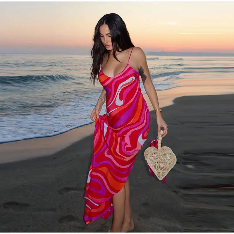 Chic Print Sling Long Dress Women Sleevless Backless Side Split Party Dresses 2025 Summer Street Beach Lady Ankle-length Robes