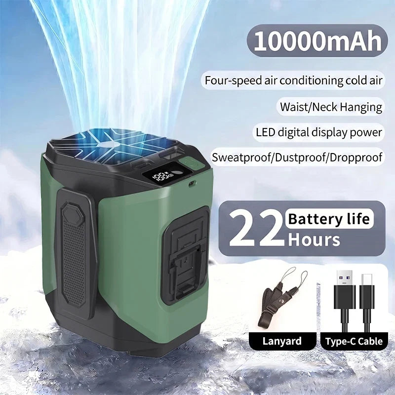 10000mah Portable Neck Fan Cooling Rechargeable Hands-Free Waist Clip