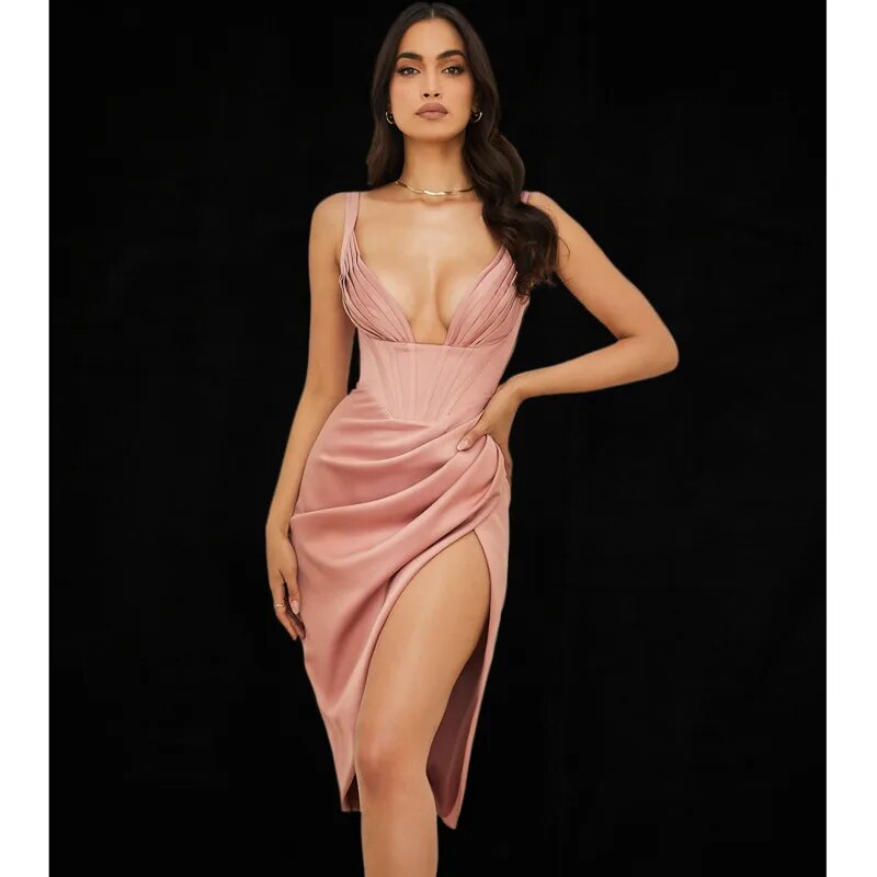Satin Deep V-Neck High Split Midi Sleeveless Club Dress
