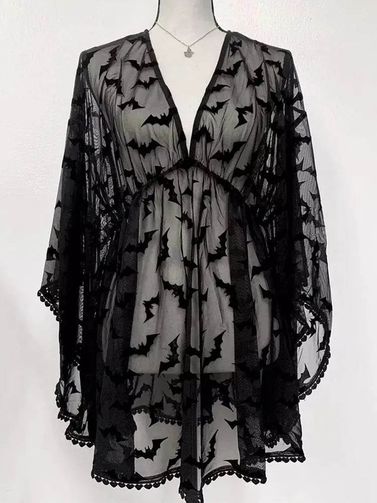 Yangelo Grunge Aesthetic Women Sexy See Through Dress Balck Goth Lace Vestios Chiffon Graphic Bat Nigh Club Clothes