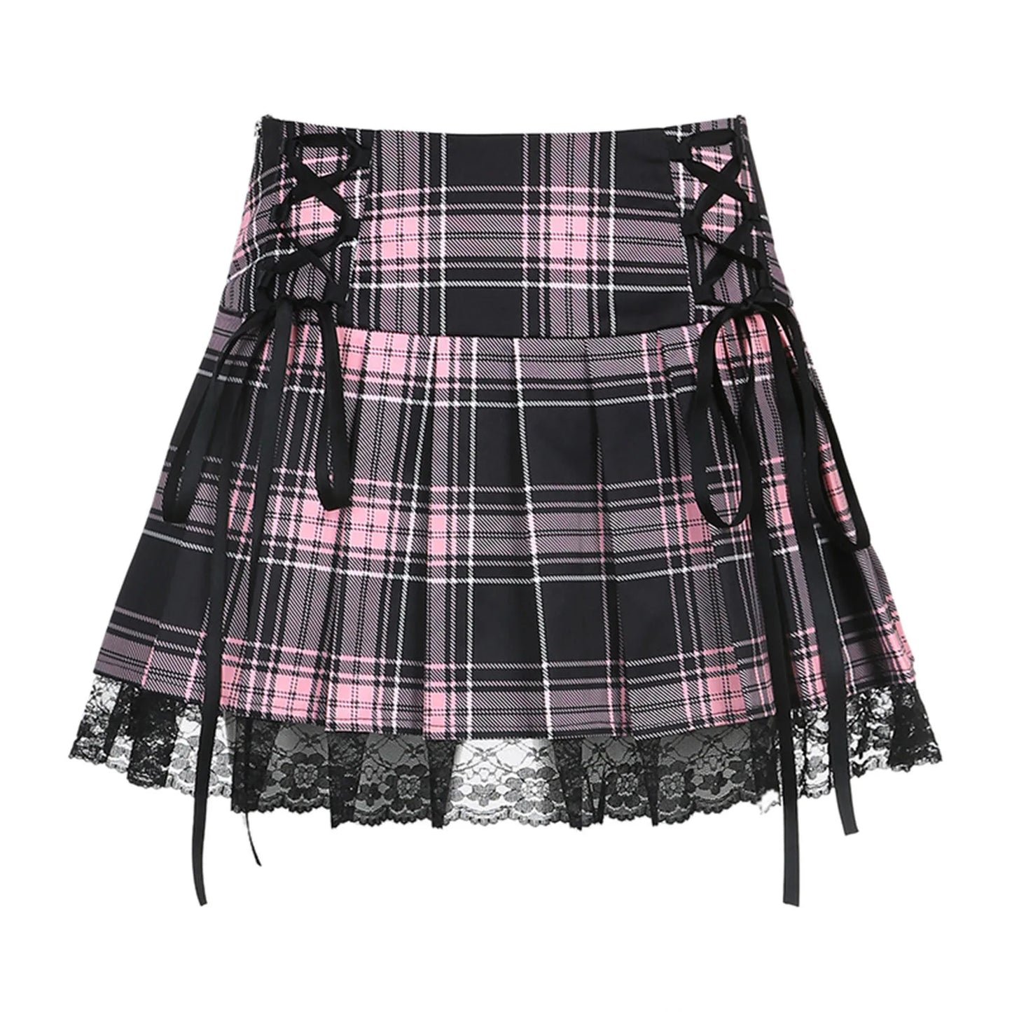 Cool Girls Gothic Skirt Y2k High Waist Plaid Lace Bandage A-Line Skirt Women Vintage Hip Hop Punk Streetwear Pleated Skirt