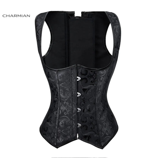 Charmian Women's Retro Plus Size Underbust Corset Vest Vintage Steel Boned Brocade Burlesque Waist Cincher Shapewear Waistcoat